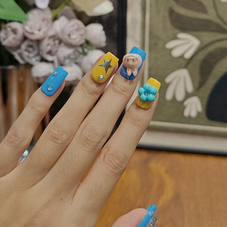 Kawaii Press On Nails Blue Yellow Cartoon Bunny Stars Flowers Cute Handmade 3D Nail Art Set