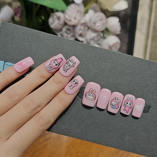 Labubu Pink Press On Nails Cute Cartoon Bunny Nails Kawaii Nail Art Set