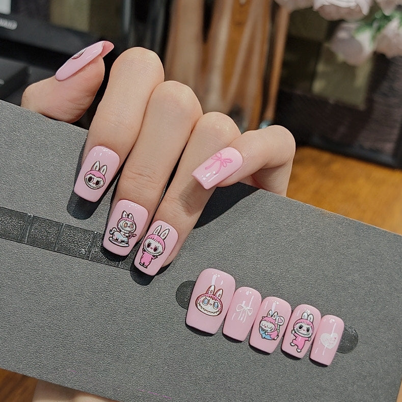 Labubu Pink Press On Nails Cute Cartoon Bunny Nails Kawaii Nail Art Set