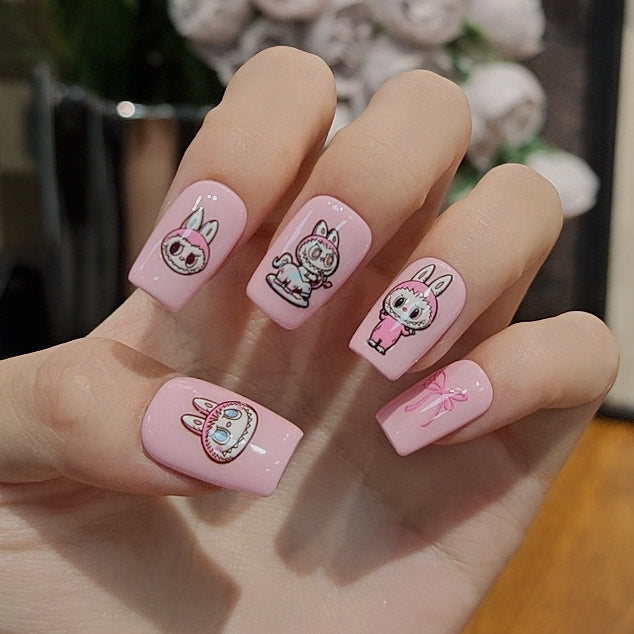 Labubu Pink Press On Nails Cute Cartoon Bunny Nails Kawaii Nail Art Set