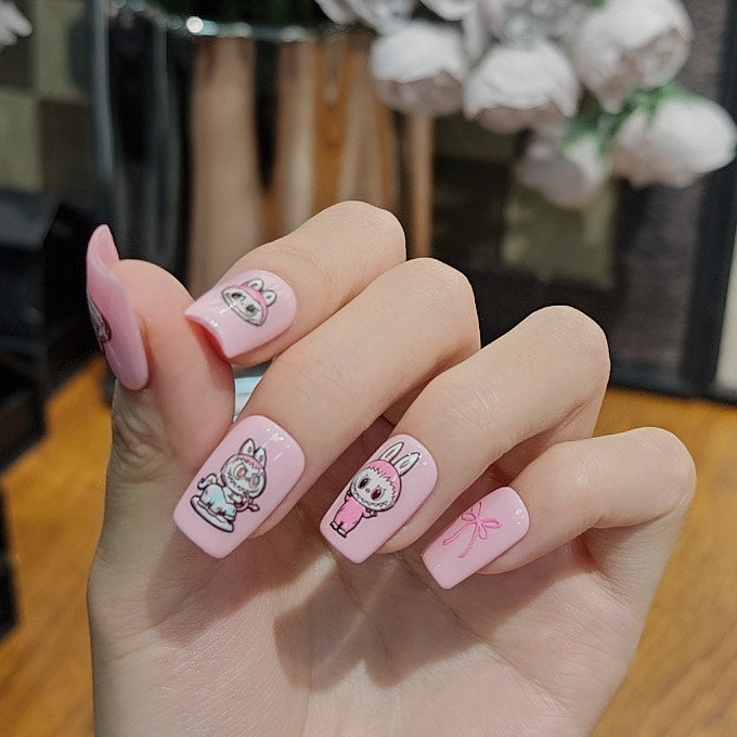 Labubu Pink Press On Nails Cute Cartoon Bunny Nails Kawaii Nail Art Set
