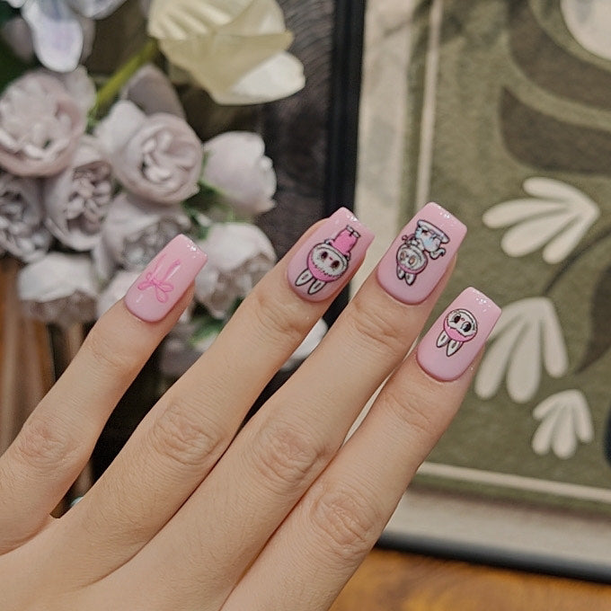 Labubu Pink Press On Nails Cute Cartoon Bunny Nails Kawaii Nail Art Set