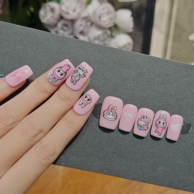 Labubu Pink Press On Nails Cute Cartoon Bunny Nails Kawaii Nail Art Set