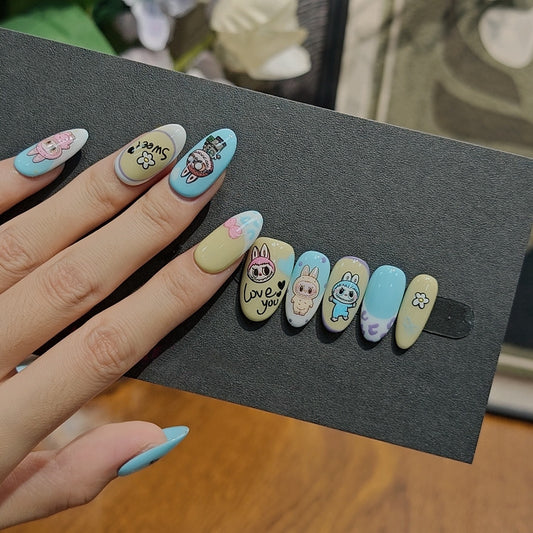 Labubu Cute Cartoon Press On Nails in Blue and Beige – Sweet Pastel Character Nail Art