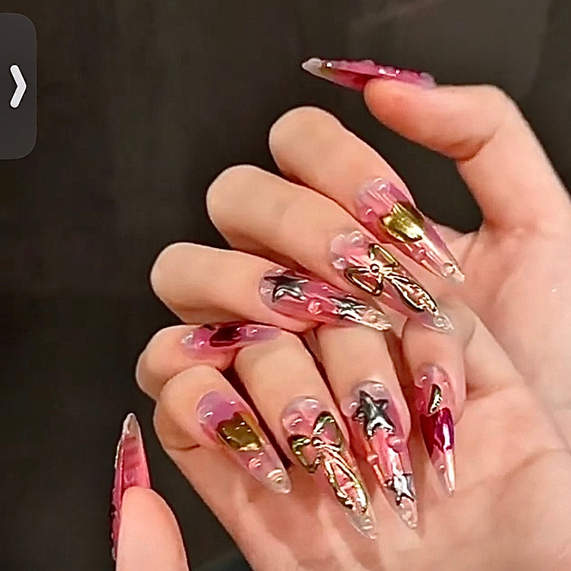 3D Pink Chrome Press On Nails with Metallic Flowers Stars Hearts and Bows