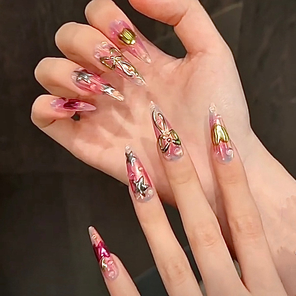 3D Pink Chrome Press On Nails with Metallic Flowers Stars Hearts and Bows