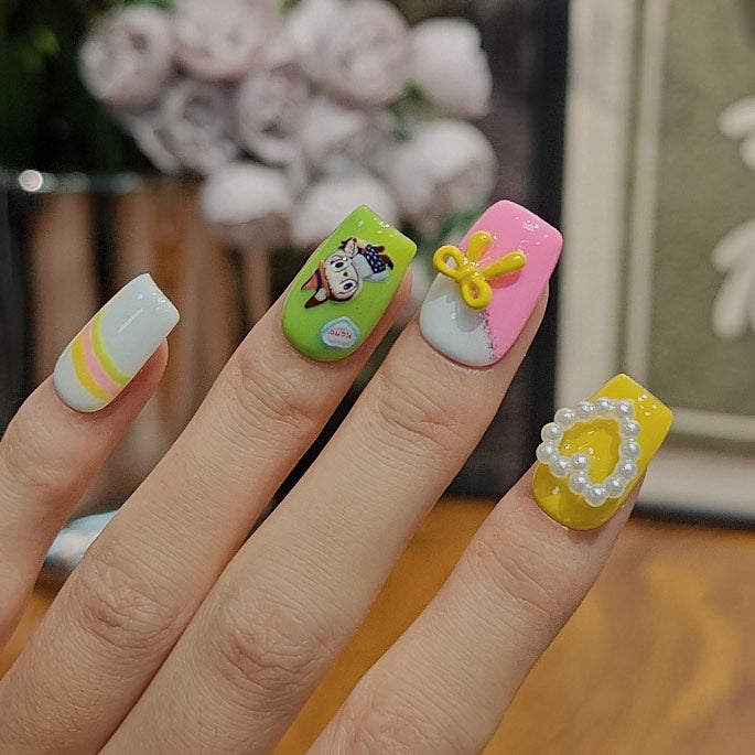 3D Labubu Press On Nails – Kawaii Cartoon Nail Art in Yellow Pink Green with Bows and Pearls