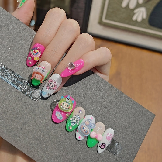 Labubu Monster Popmart Press On Nails – 3D Cartoon Nail Art in Pink Green White with Charms and Crystals