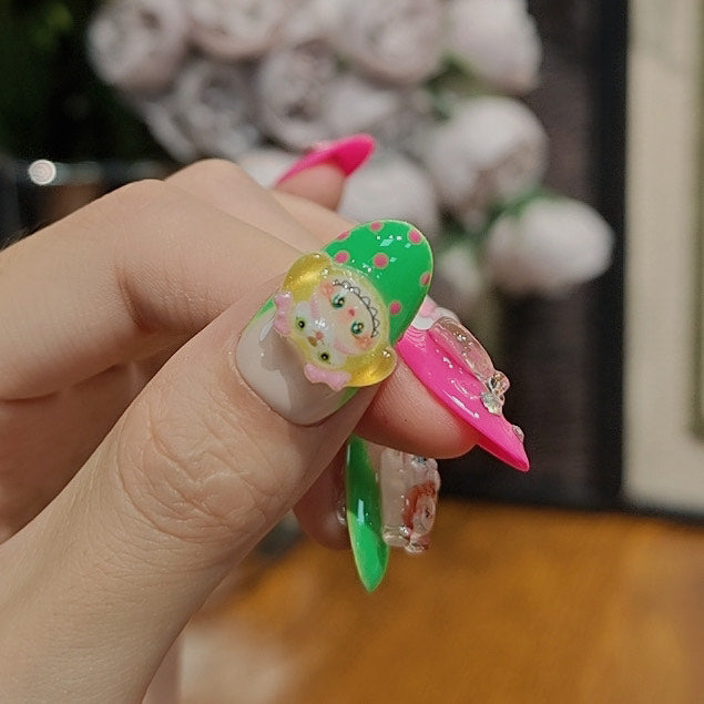 Labubu Monster Popmart Press On Nails – 3D Cartoon Nail Art in Pink Green White with Charms and Crystals