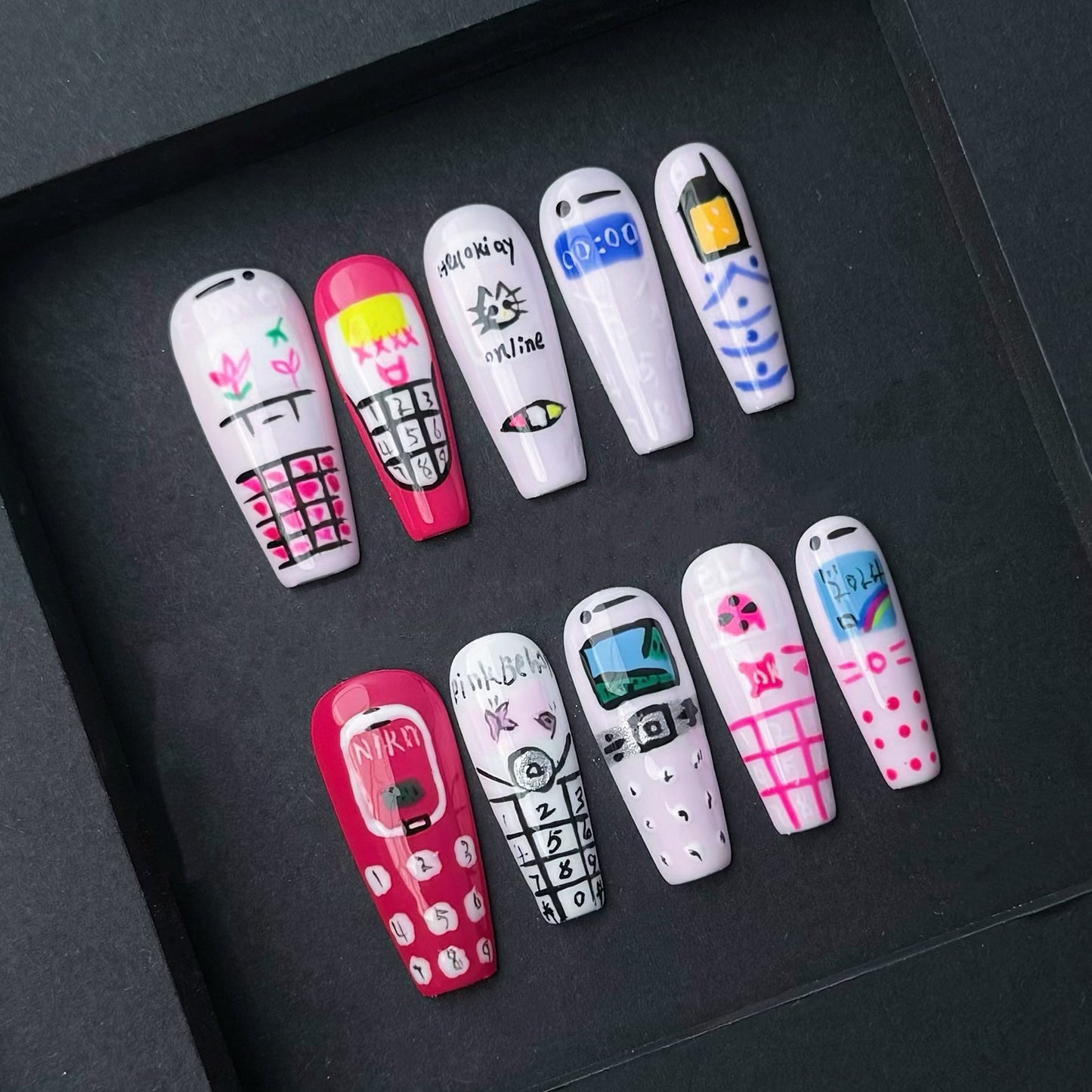 Retro Cellphone Press On Nails – Hand Painted 90s Y2K Flip Phone Design Nails Cute Quirky Kawaii Nail Art Set