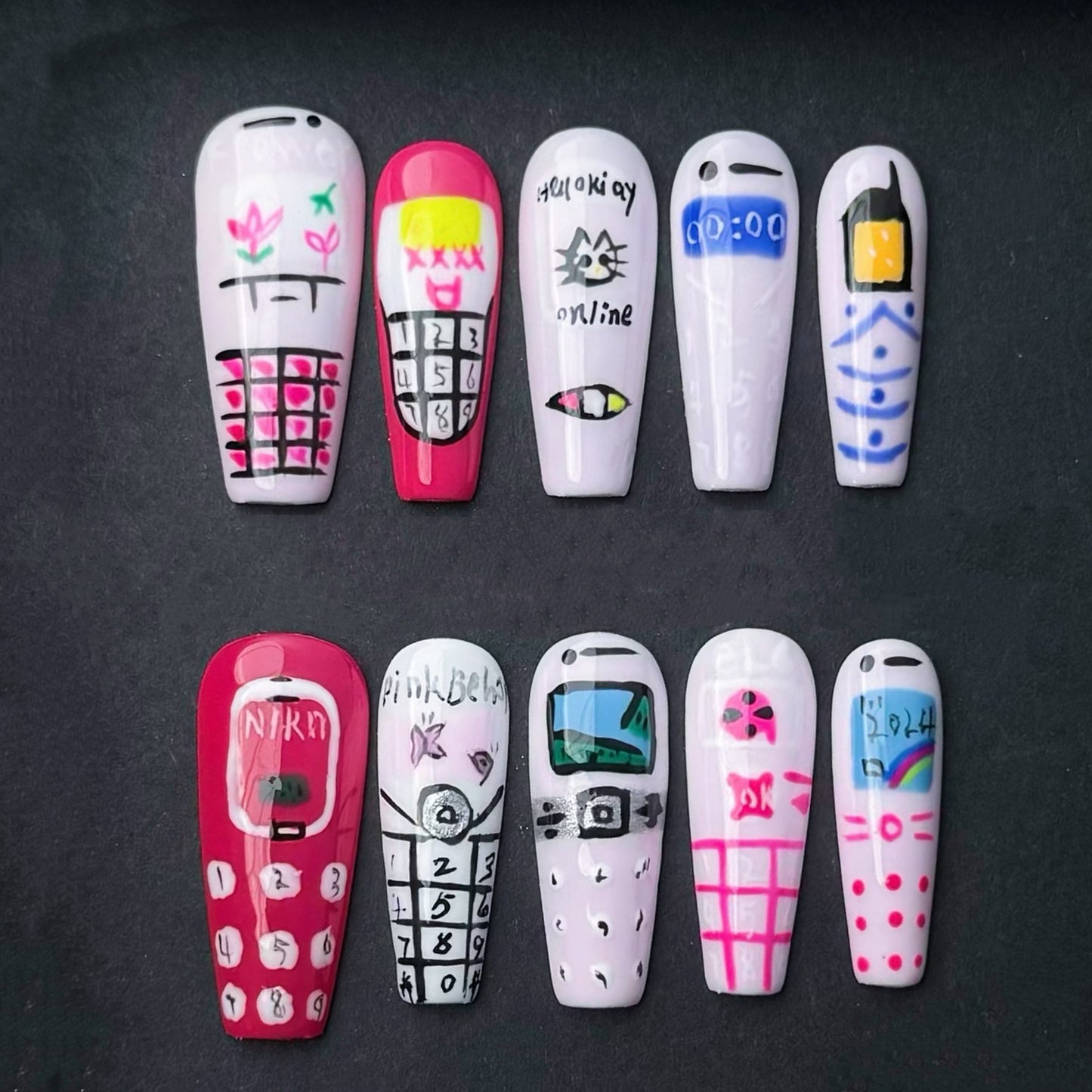 Retro Cellphone Press On Nails – Hand Painted 90s Y2K Flip Phone Design Nails Cute Quirky Kawaii Nail Art Set
