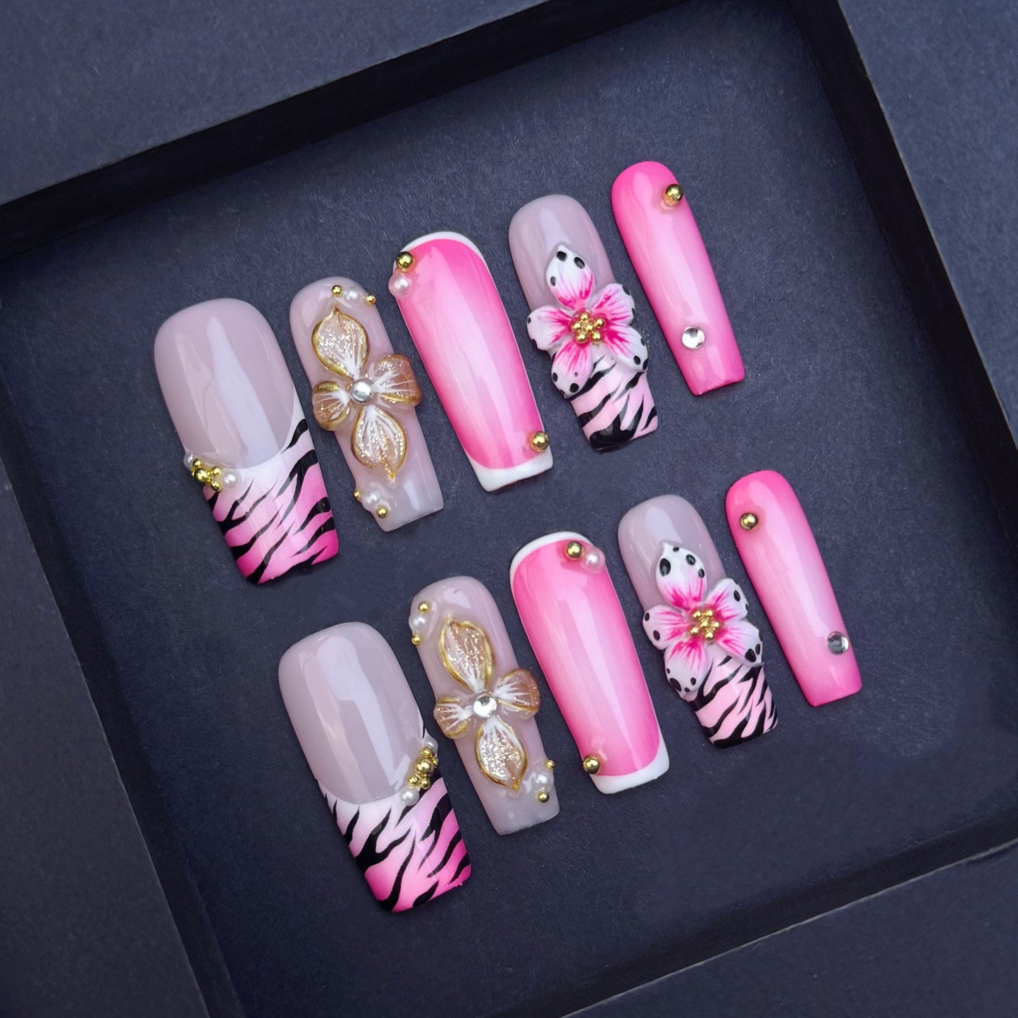 Pink Floral Zebra Print Press On Nails – 3D Flower Rhinestone Ombre Nails Bold Animal Print Glam Nail Set