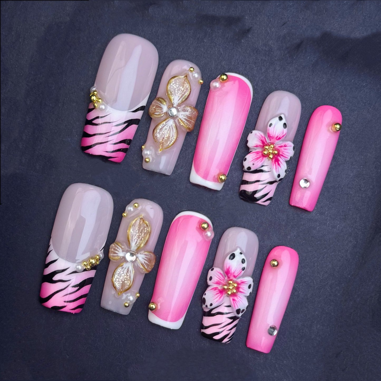 Pink Floral Zebra Print Press On Nails – 3D Flower Rhinestone Ombre Nails Bold Animal Print Glam Nail Set