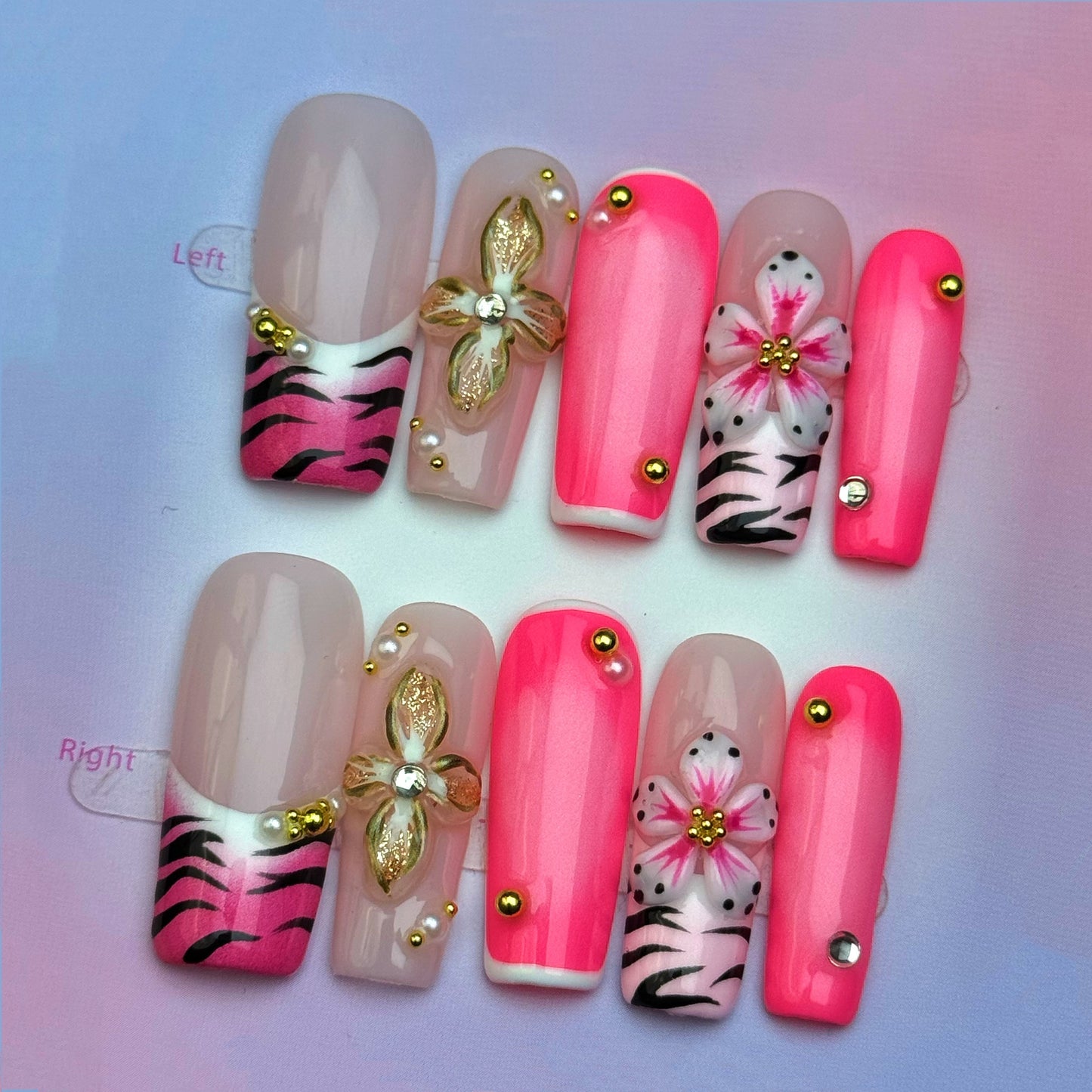 Pink Floral Zebra Print Press On Nails – 3D Flower Rhinestone Ombre Nails Bold Animal Print Glam Nail Set