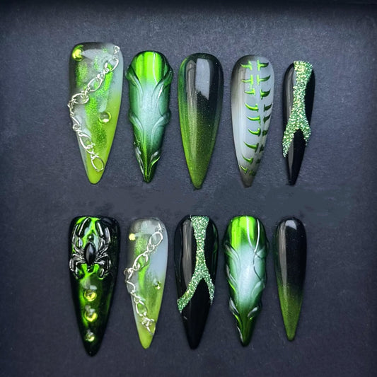 Green Gothic Press On Nails – Spider Leaf Chain Design Black Green Gradient Fantasy Stiletto Nails Halloween Nail Art