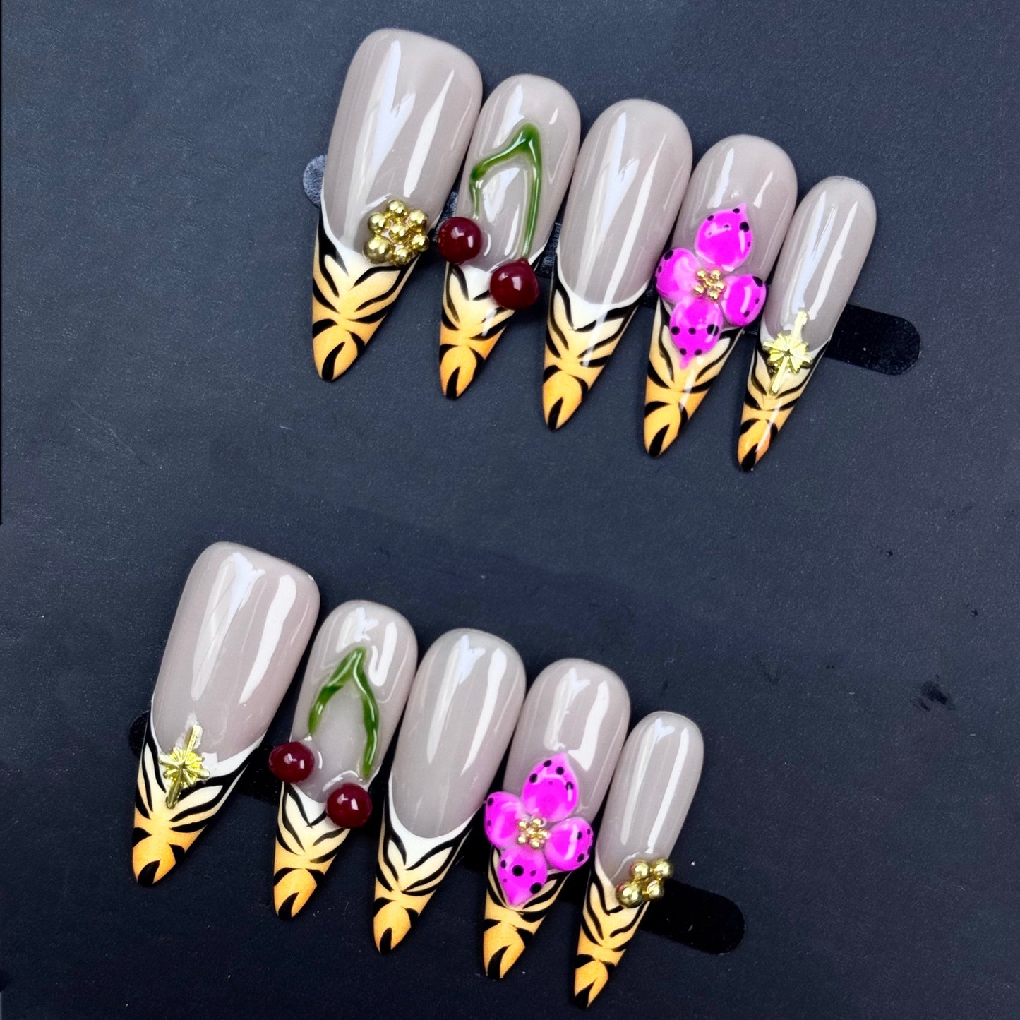 Tropical Blossom & Fruit Accent Stiletto Nails