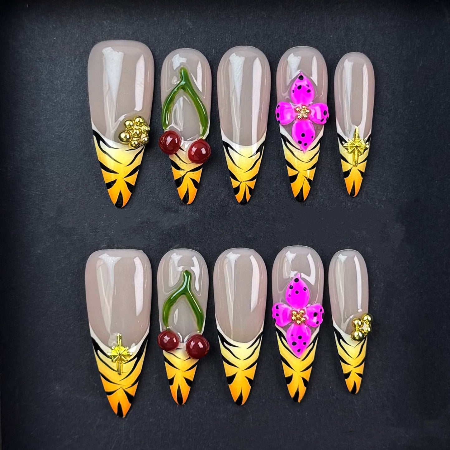 Tropical Blossom & Fruit Accent Stiletto Nails