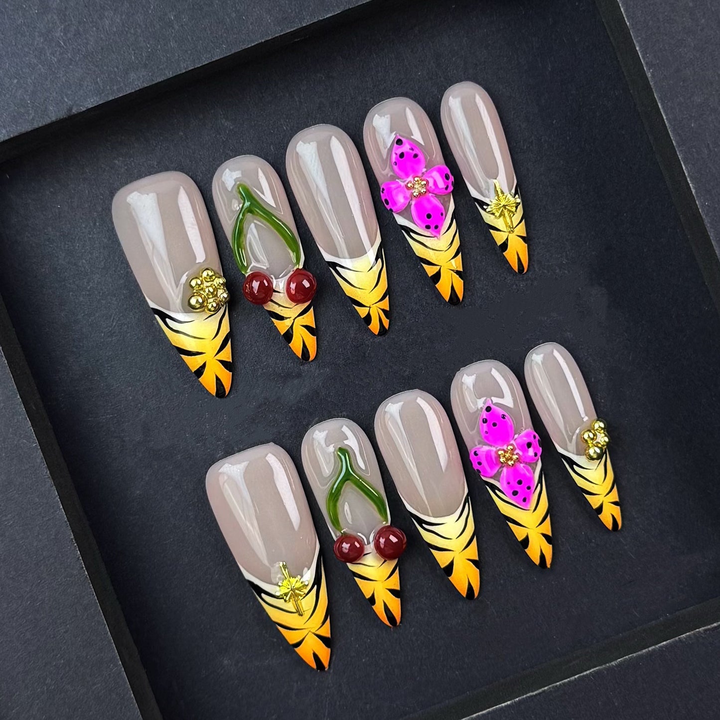 Tropical Blossom & Fruit Accent Stiletto Nails