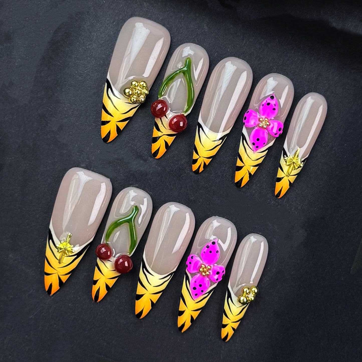 Tropical Blossom & Fruit Accent Stiletto Nails