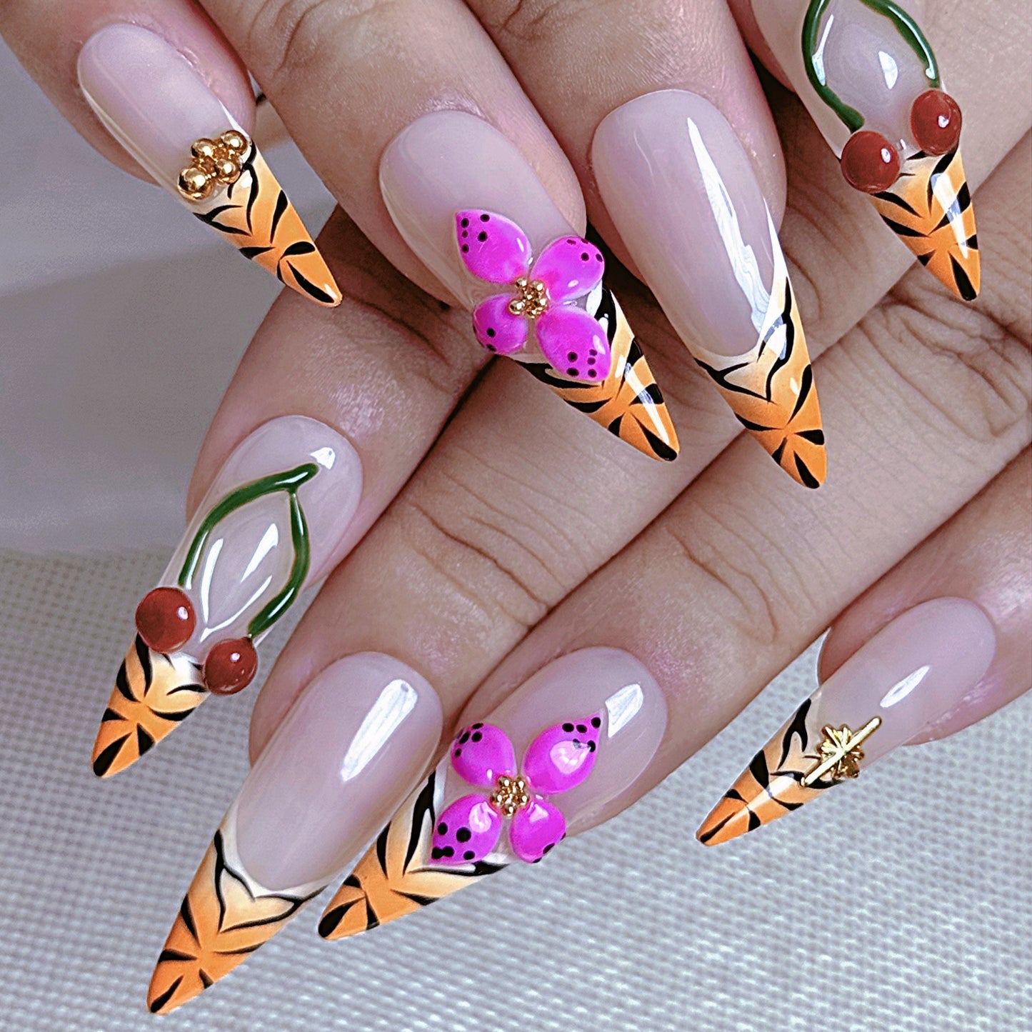 Tropical Blossom & Fruit Accent Stiletto Nails