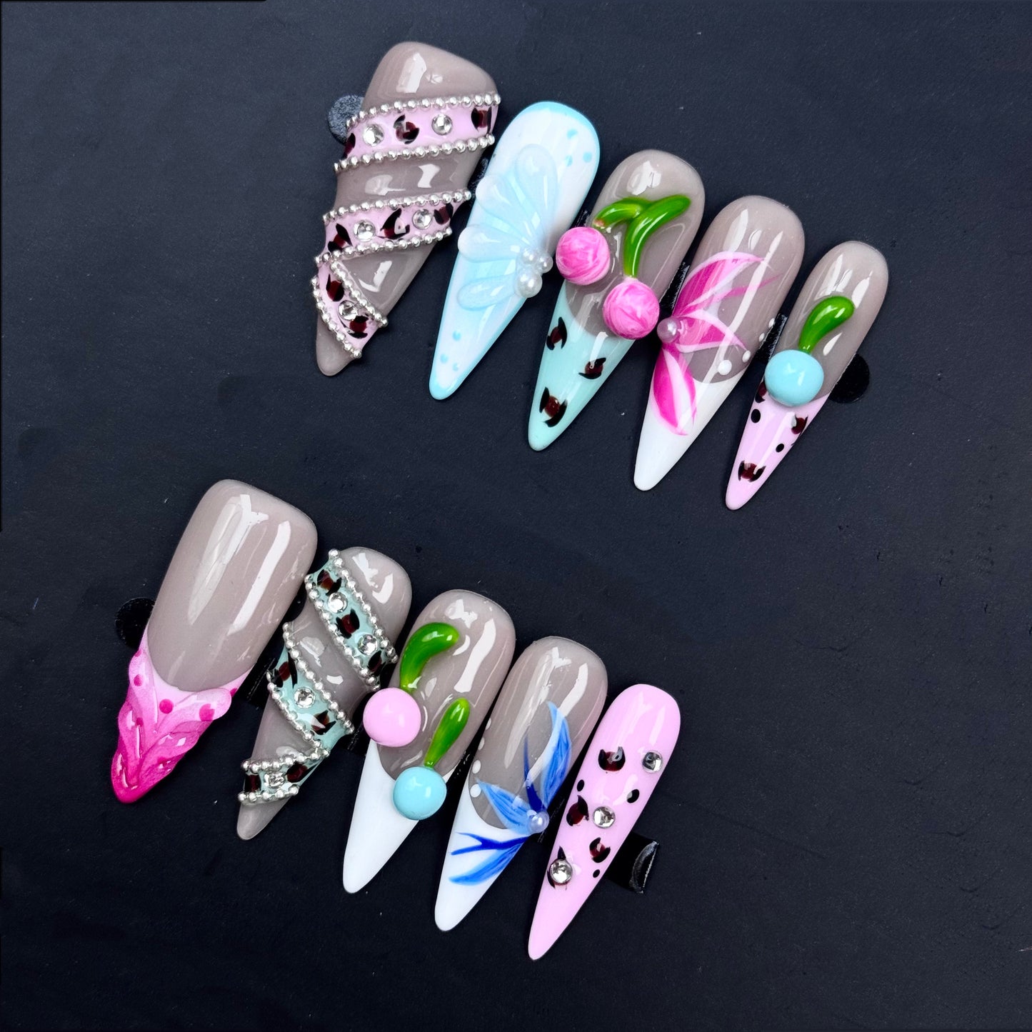 Colorful Mixed Design Press On Nails with 3D Cherries Leopard Print Rhinestones and Floral Art – Long Coffin Shape
