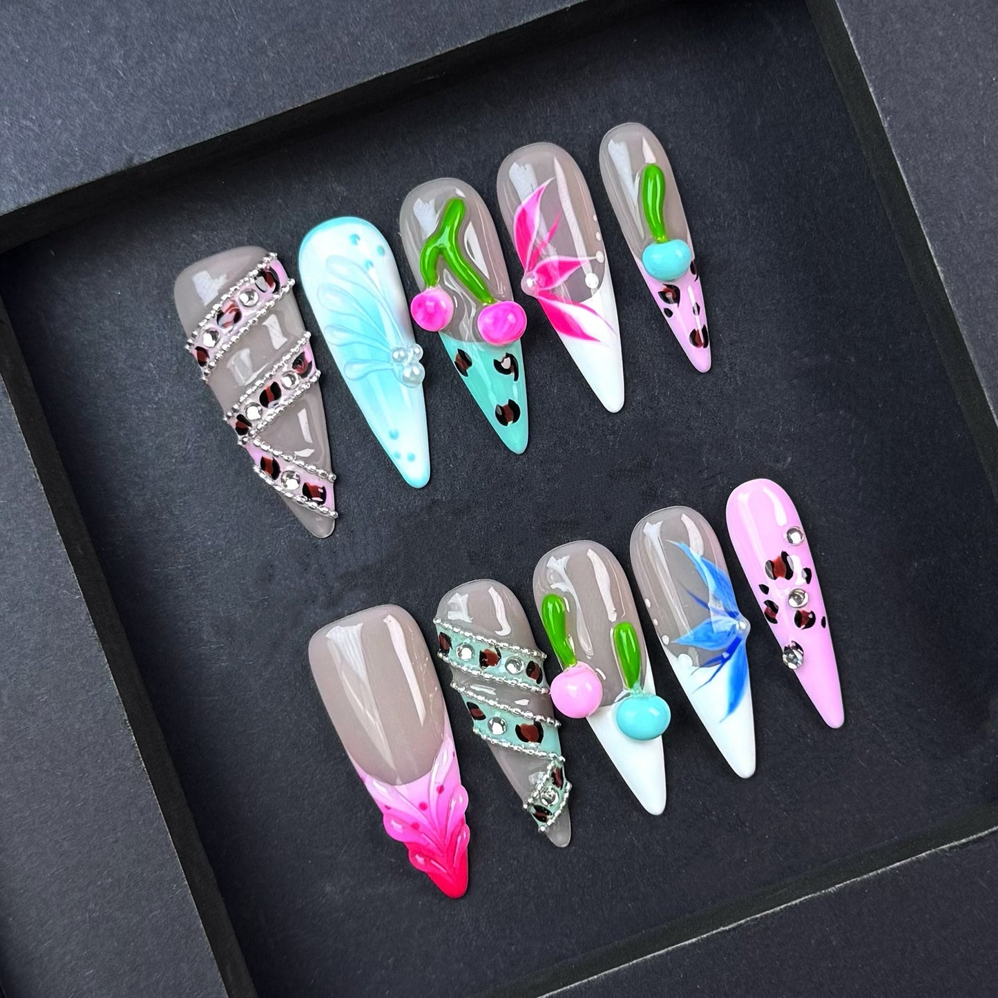 Colorful Mixed Design Press On Nails with 3D Cherries Leopard Print Rhinestones and Floral Art – Long Coffin Shape