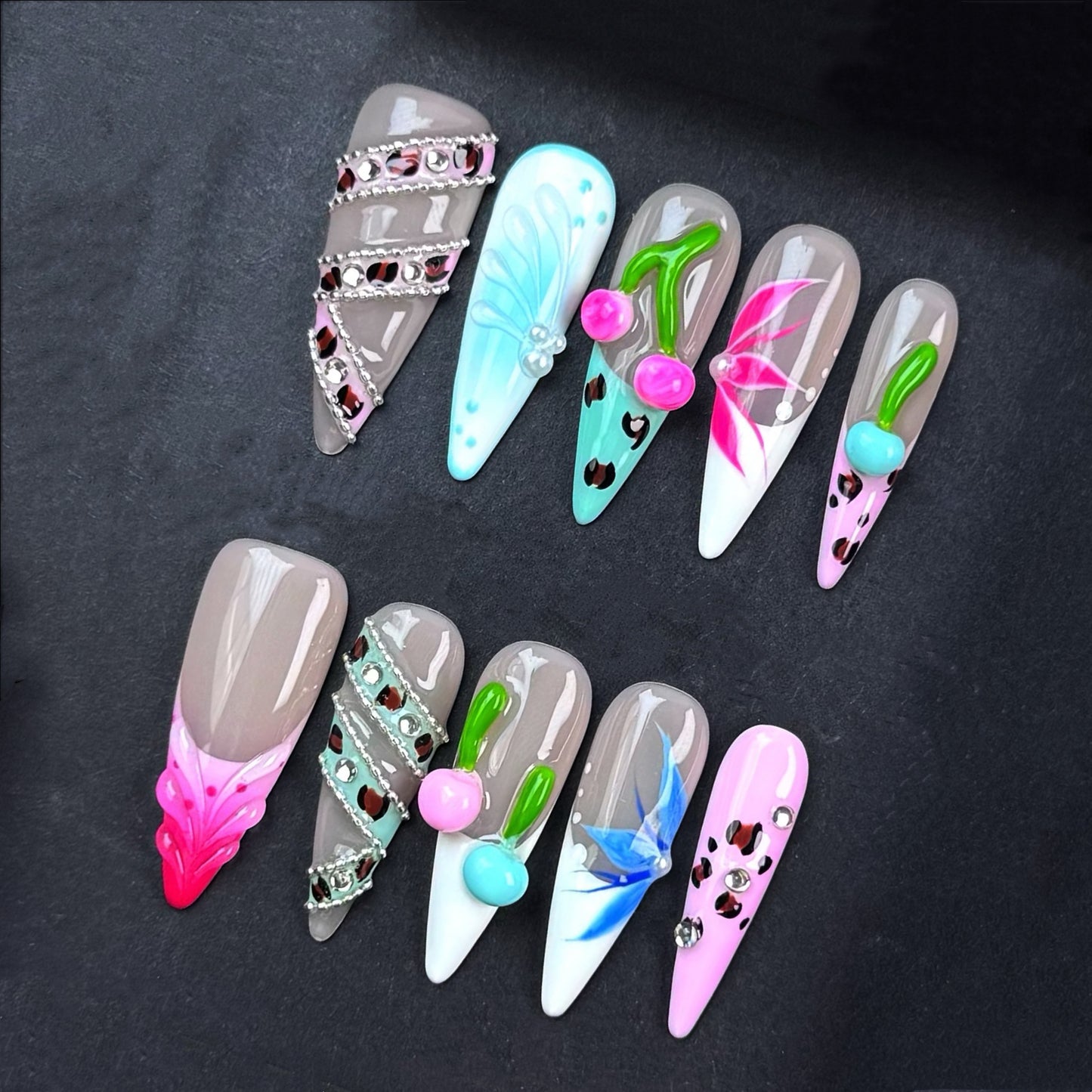 Colorful Mixed Design Press On Nails with 3D Cherries Leopard Print Rhinestones and Floral Art – Long Coffin Shape