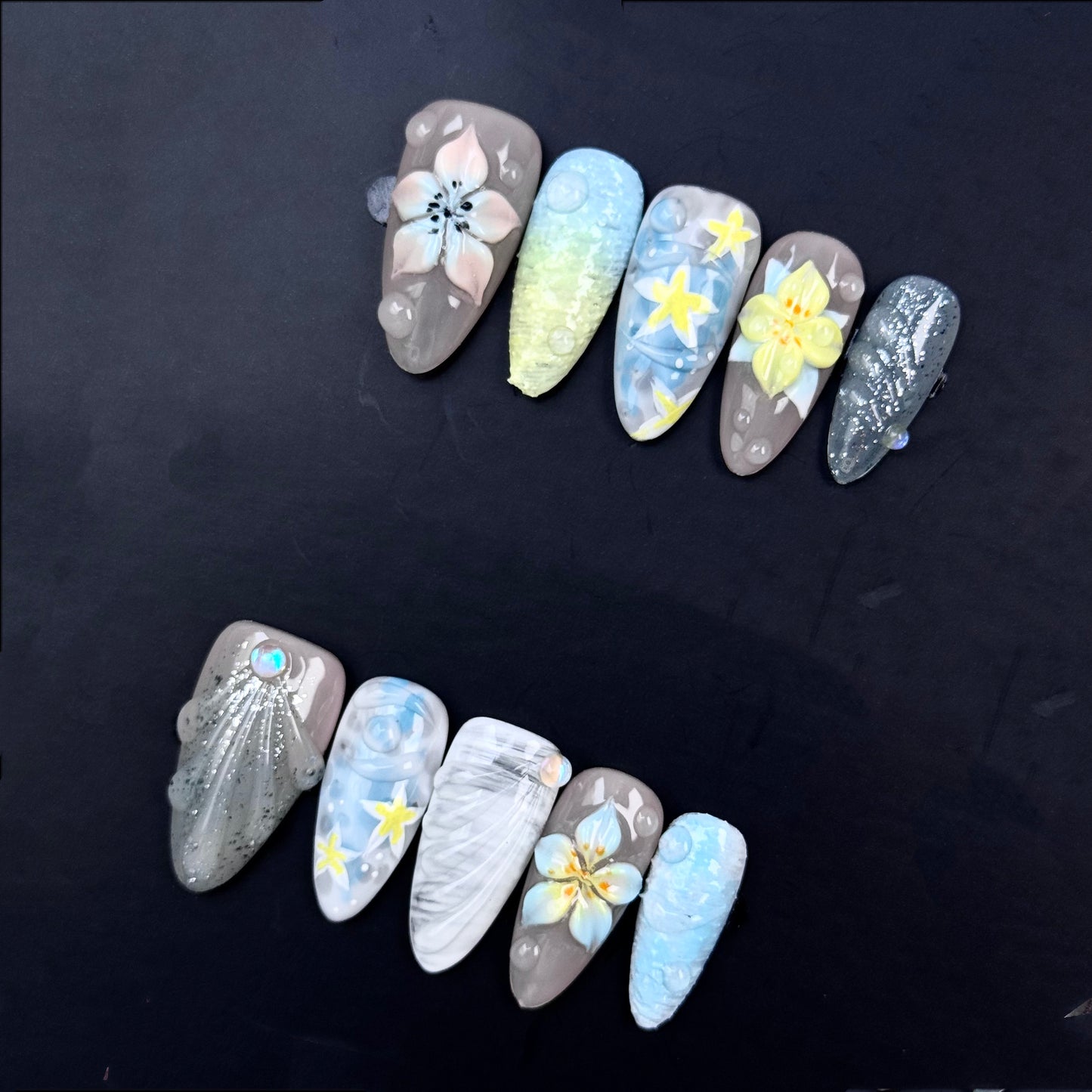 N003 Tropical Ocean Breeze Press On Nails with 3D Flowers and Sea-Inspired Designs – Beach Vacation Nail Set