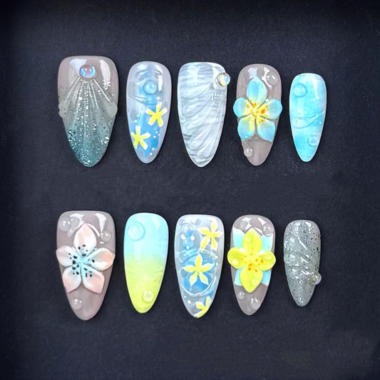 N003 Tropical Ocean Breeze Press On Nails with 3D Flowers and Sea-Inspired Designs – Beach Vacation Nail Set