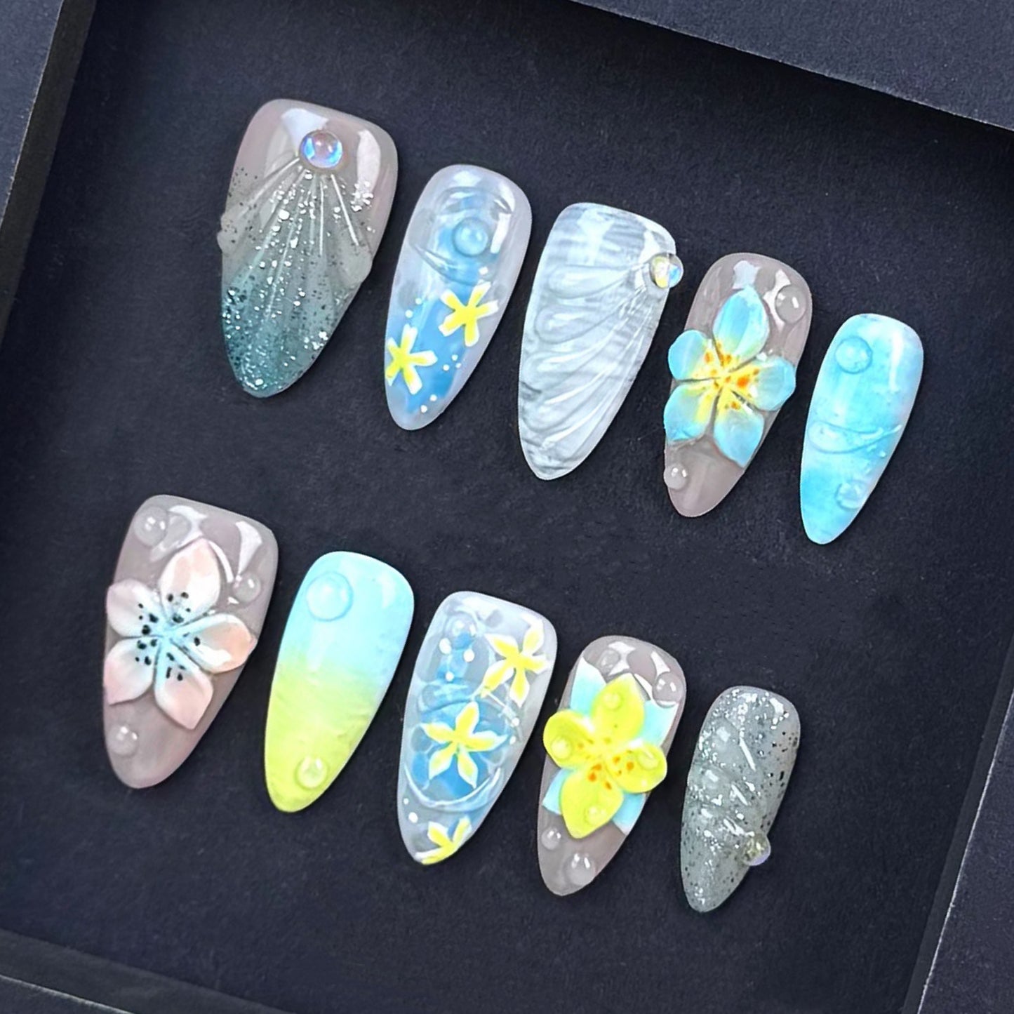 N003 Tropical Ocean Breeze Press On Nails with 3D Flowers and Sea-Inspired Designs – Beach Vacation Nail Set