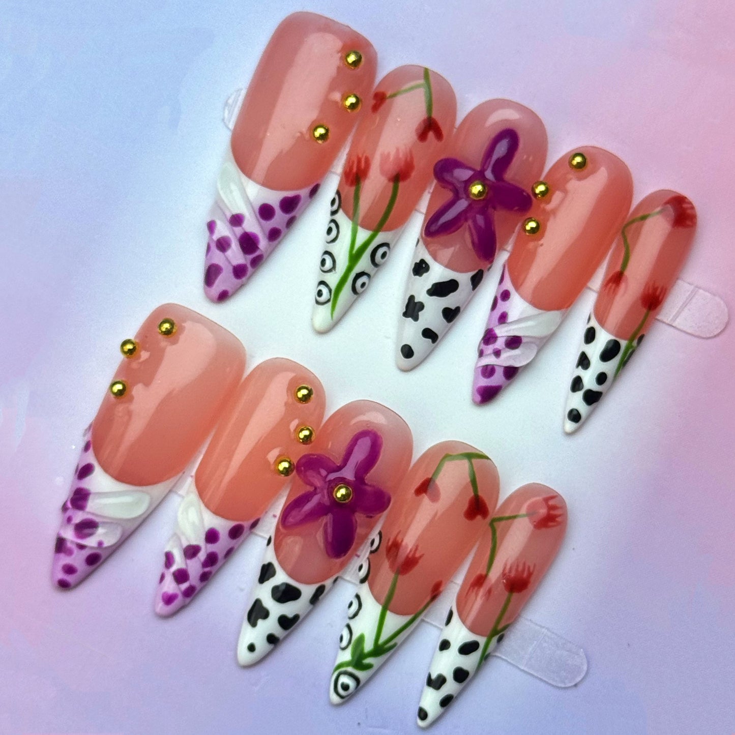 Modern Tulip 3D Flower Press-On Nails | Abstract Polka Dot Nails
