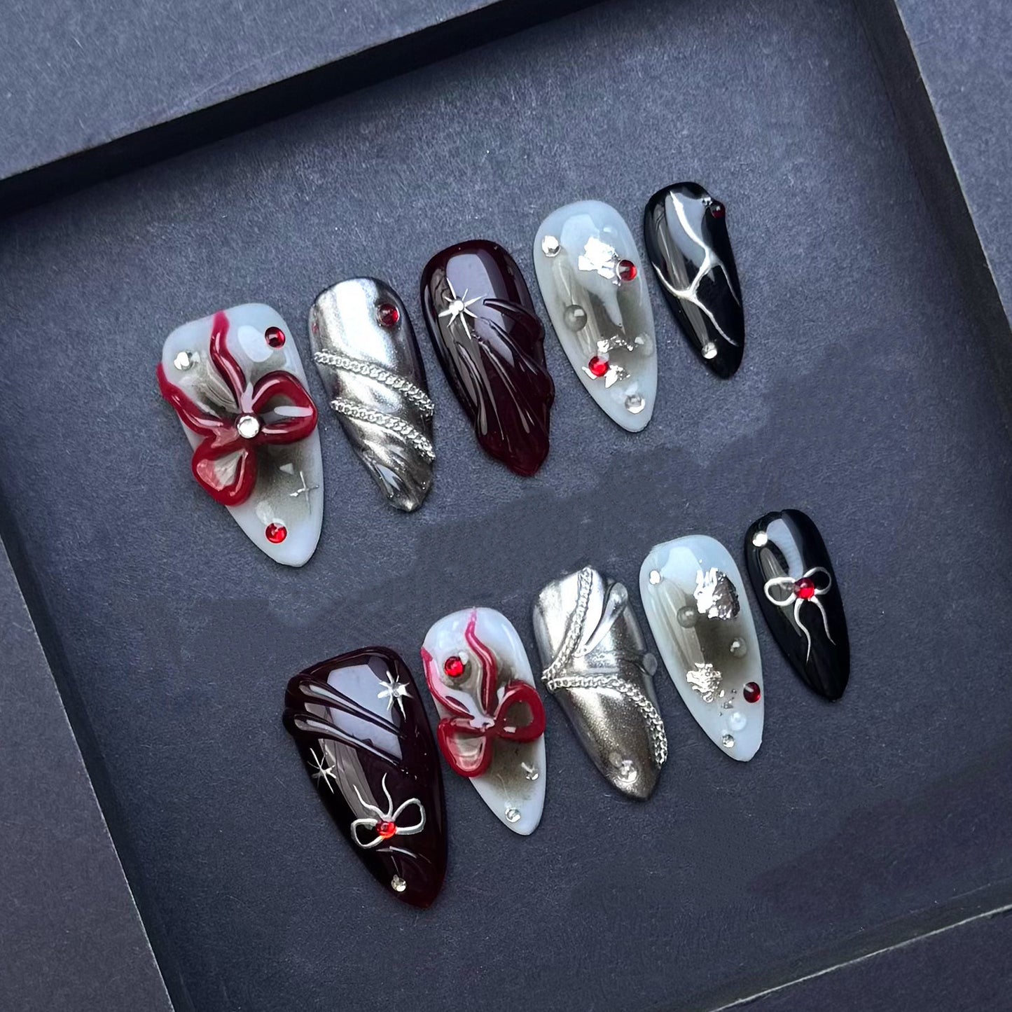 Burgundy Chrome Bow Press-On Nails | Silver Metallic Black Almond False Nails | Luxury Gothic Manicure