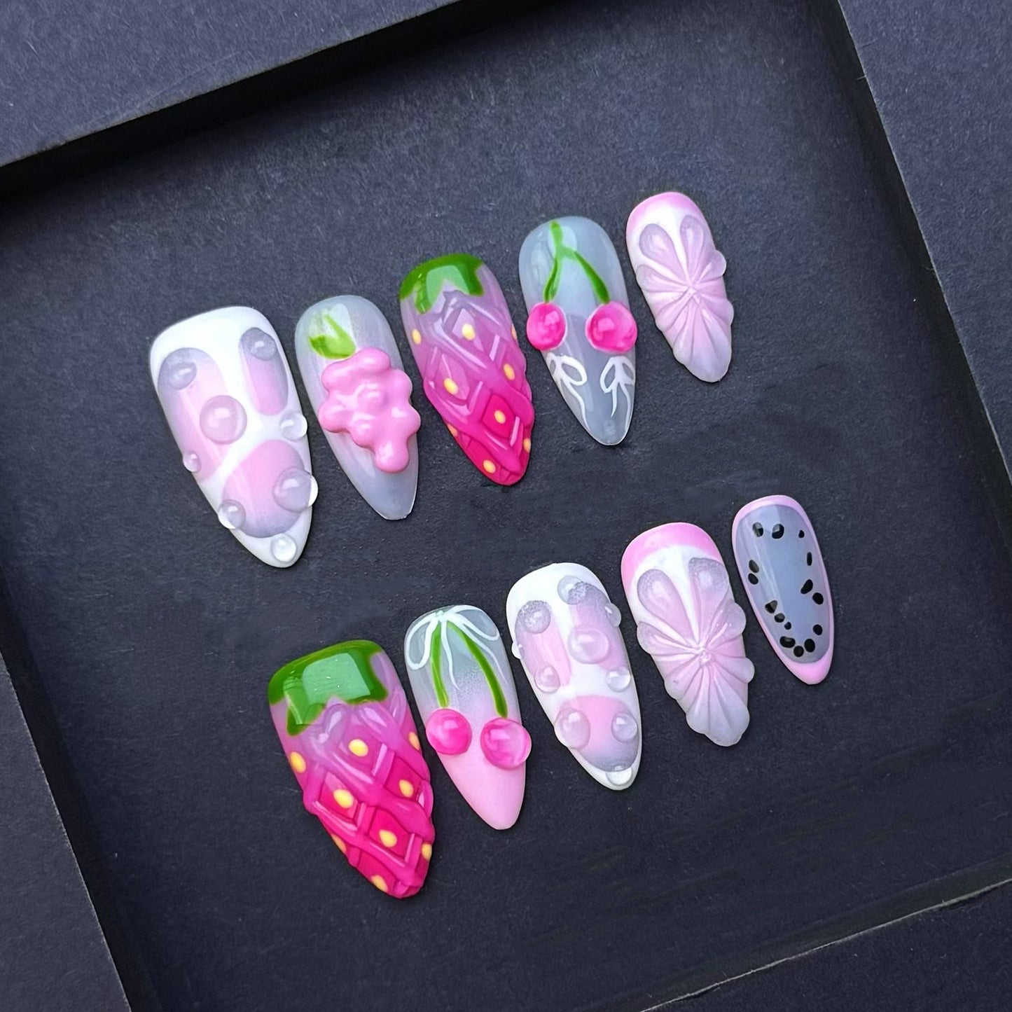 Kawaii Berry Butterfly Press-On Nails | Strawberry Cherry Pink Almond False Nails | Cute Pastel Fruit Manicure