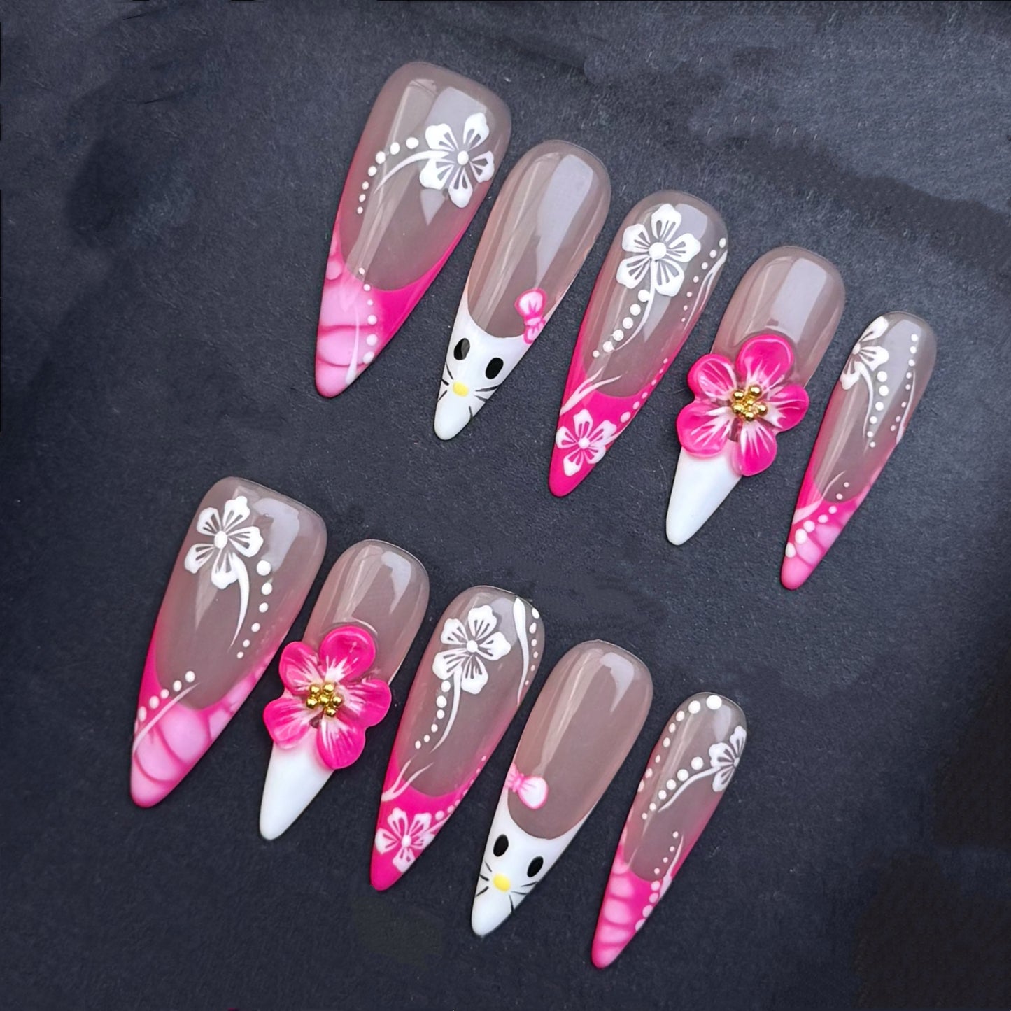 Cute Cat Blossom Press-On Nails | Pink Floral Almond False Nails | Kawaii Spring Manicure