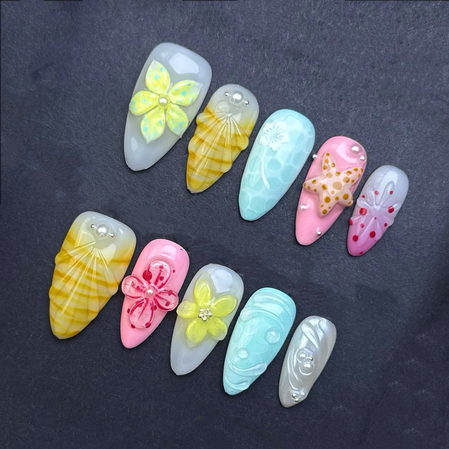 Coastal Seashell Blossom Press-On Nails | Beach Starfish Tropical Floral Almond False Nails | Ocean Summer Manicure