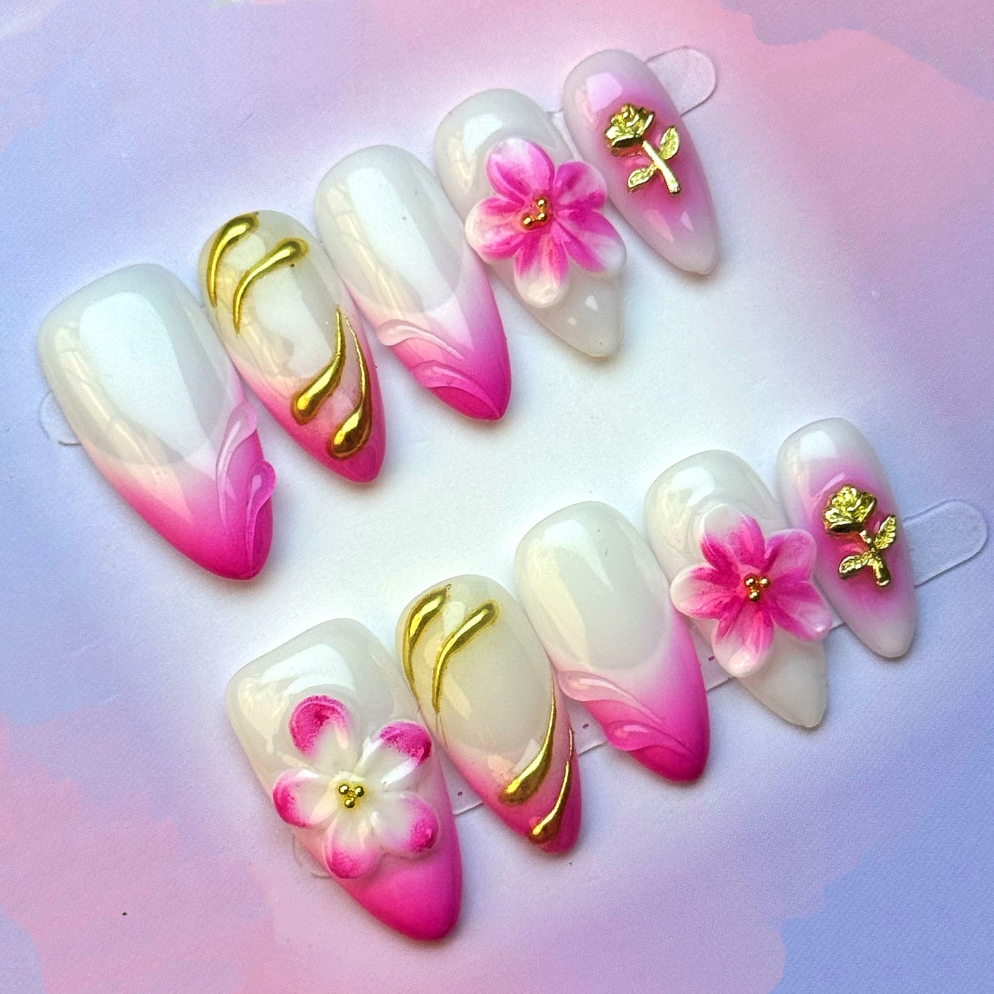 Pink Rose Blossom Press-On Nails | Pink Ombre 3D Flower Almond False Nails | Gold Chrome Floral Manicure