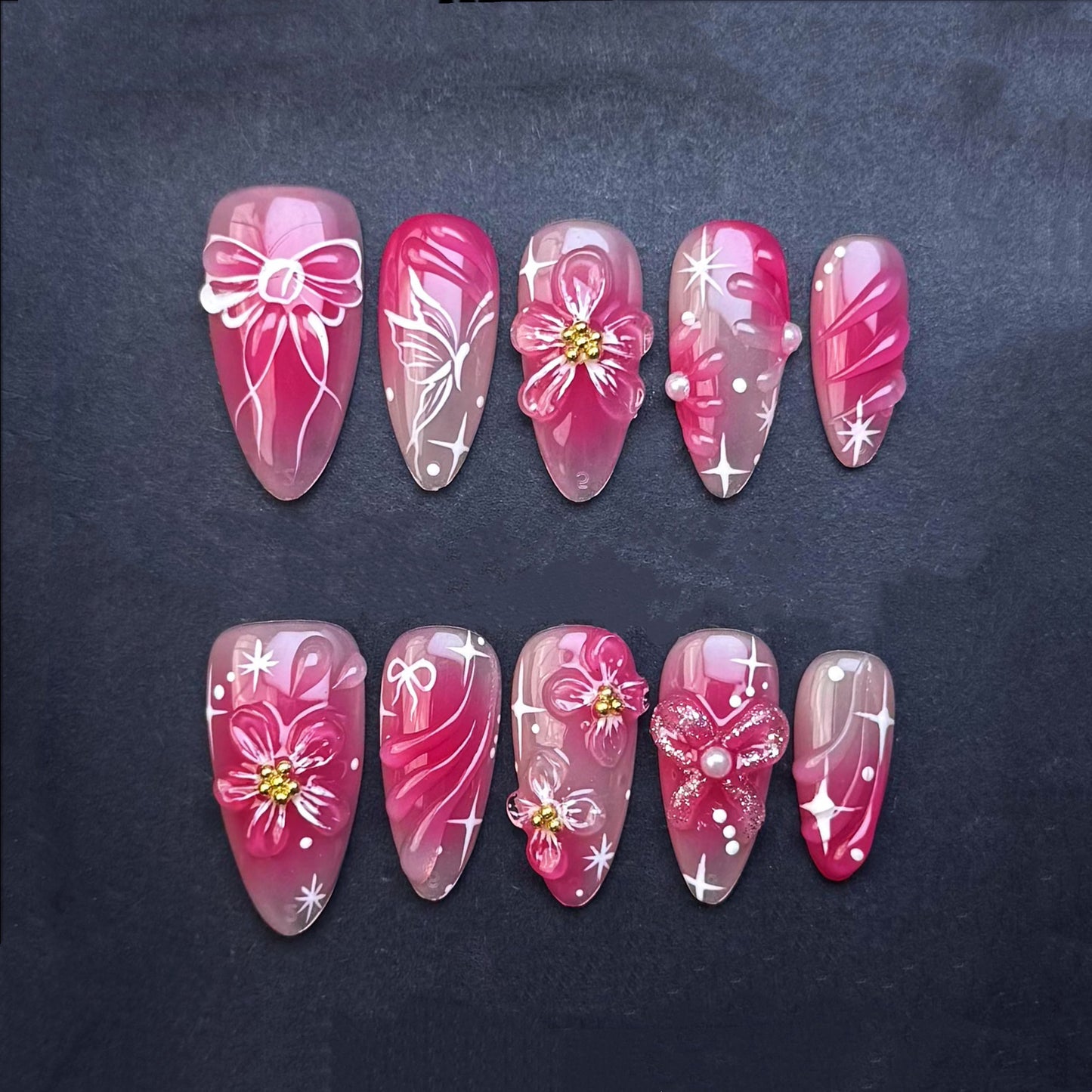 Pink Blossom Bow Press-On Nails | 3D Floral Pink Ombre Almond False Nails | Coquette Pearl Manicure