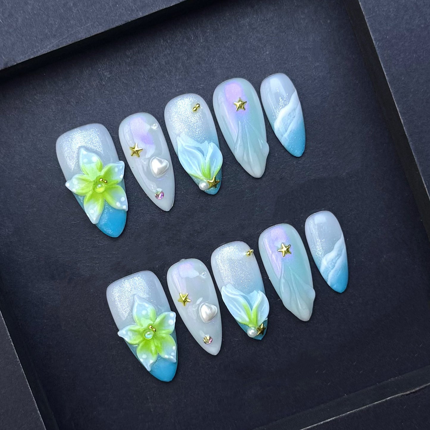 Celestial Blue Lily Press-On Nails | 3D Flower Blue Ombre Almond False Nails | Pearl Star Fantasy Manicure
