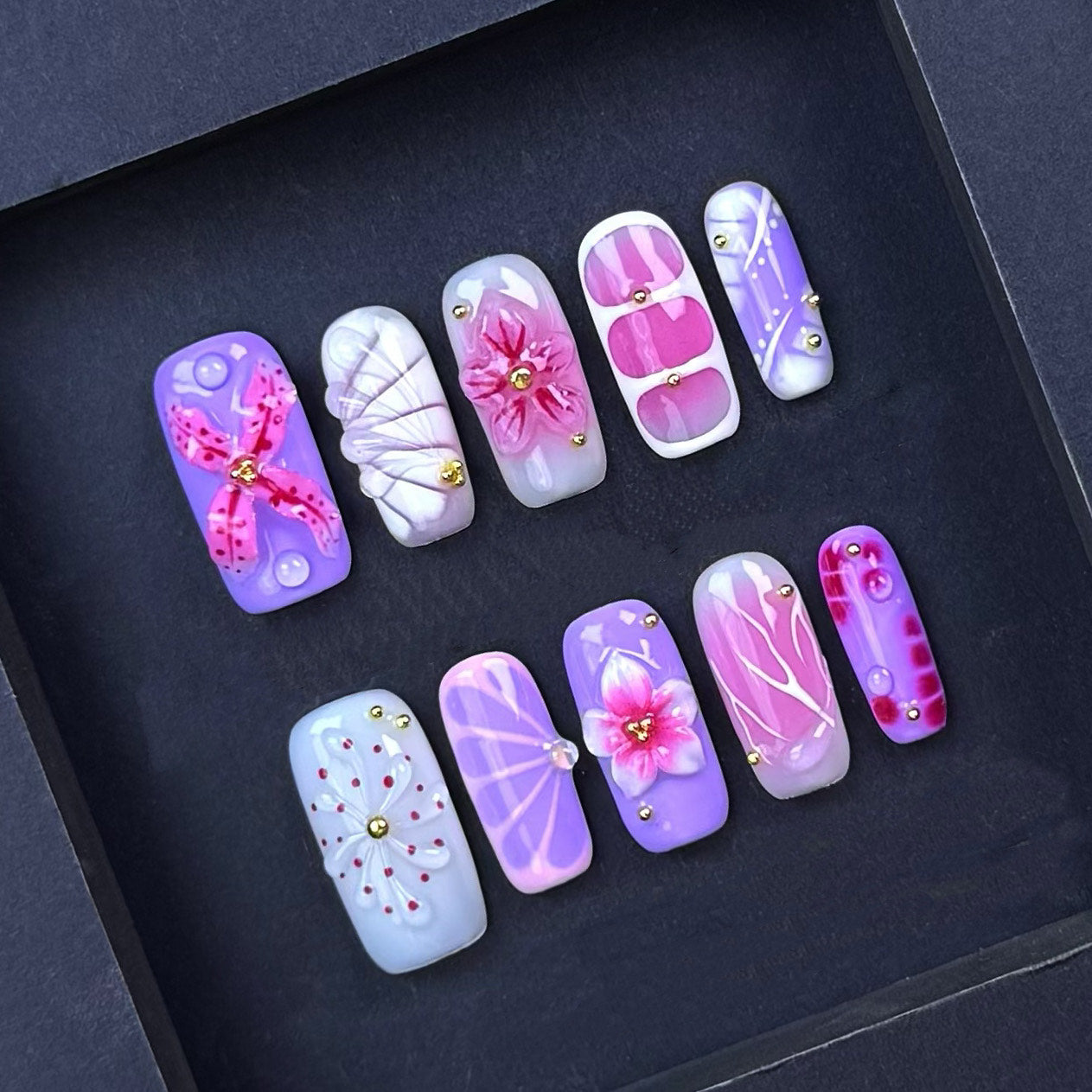 Lavender Pink Floral Press On Nails with 3D Flower Designs Cute Handmade Short Square Nails Spring Summer Nail Art Set Reusable Tips