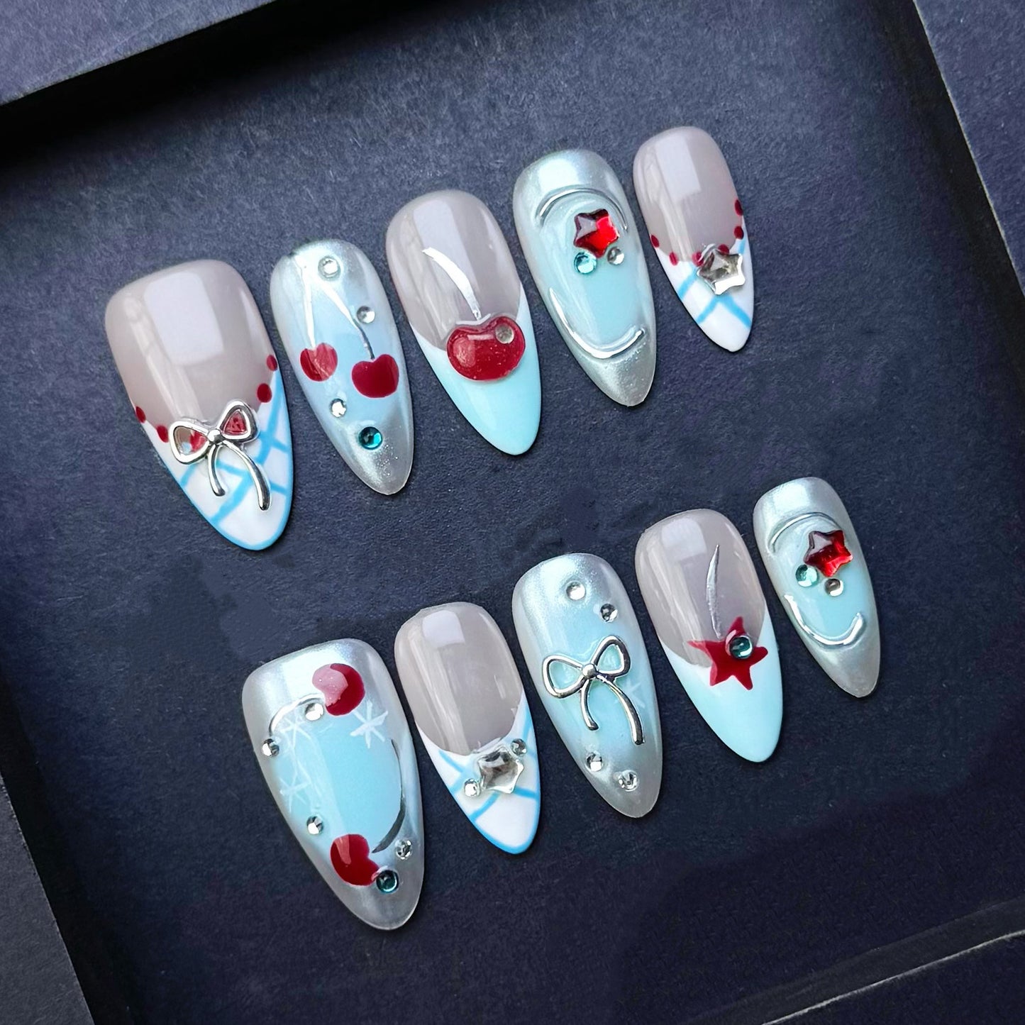 Baby Blue Cherry Press-On Nails | Silver Chrome Bow Nails | Coquette Kawaii Almond False Nails | Handmade Reusable Nail Set