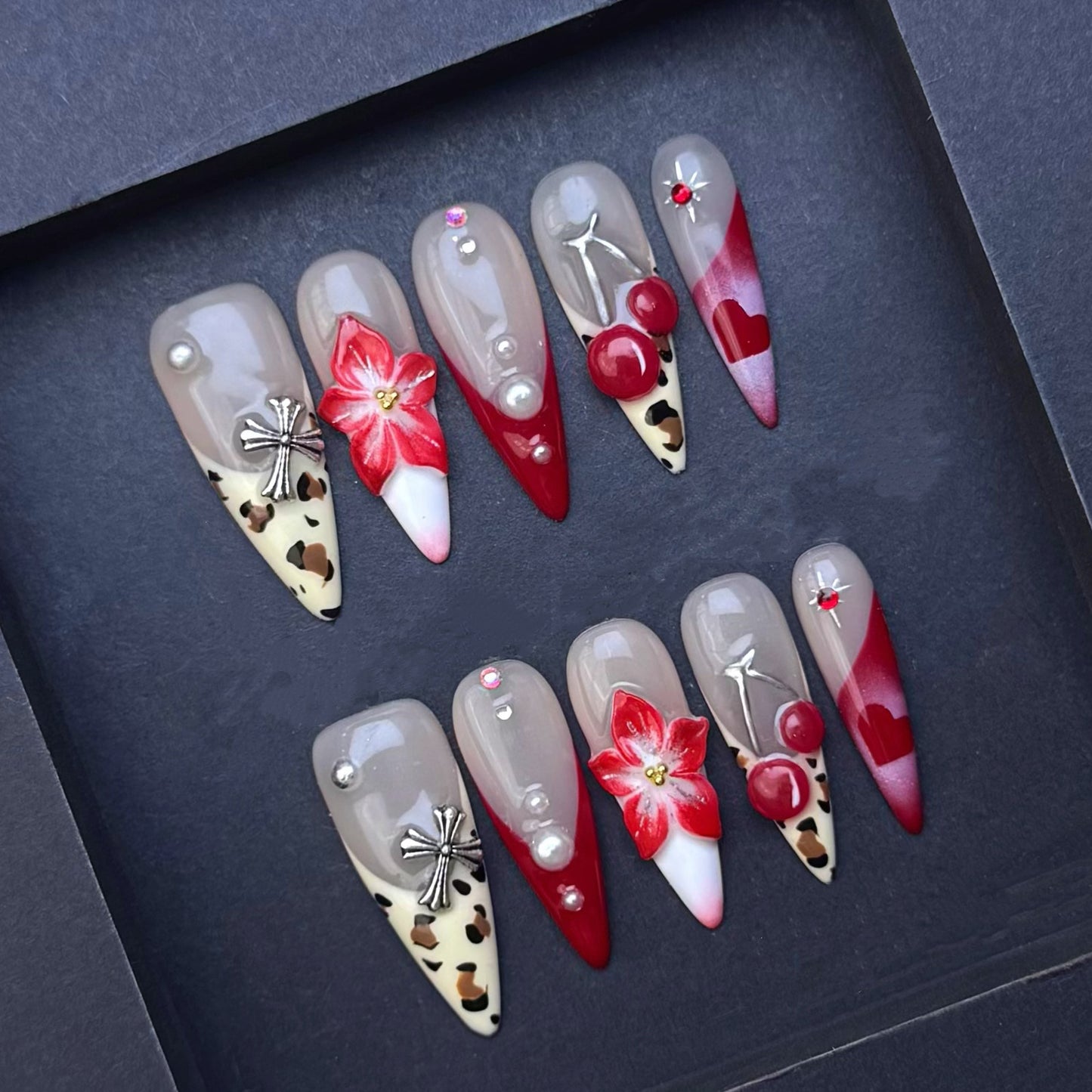 Cherry Blossom Leopard Press-On Nails | Red Heart Cherry Almond False Nails | Luxury Statement Manicure