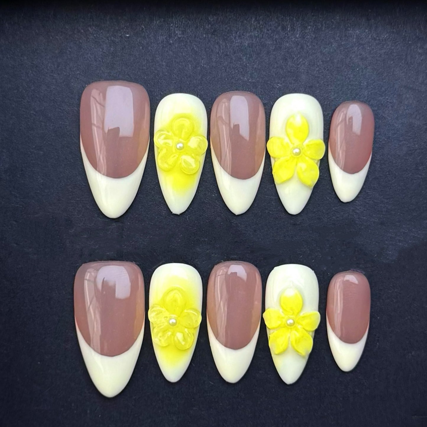 Mocha Daisy French Tip Press-On Nails | Nude Yellow Floral Almond False Nails | Elegant Spring Manicure