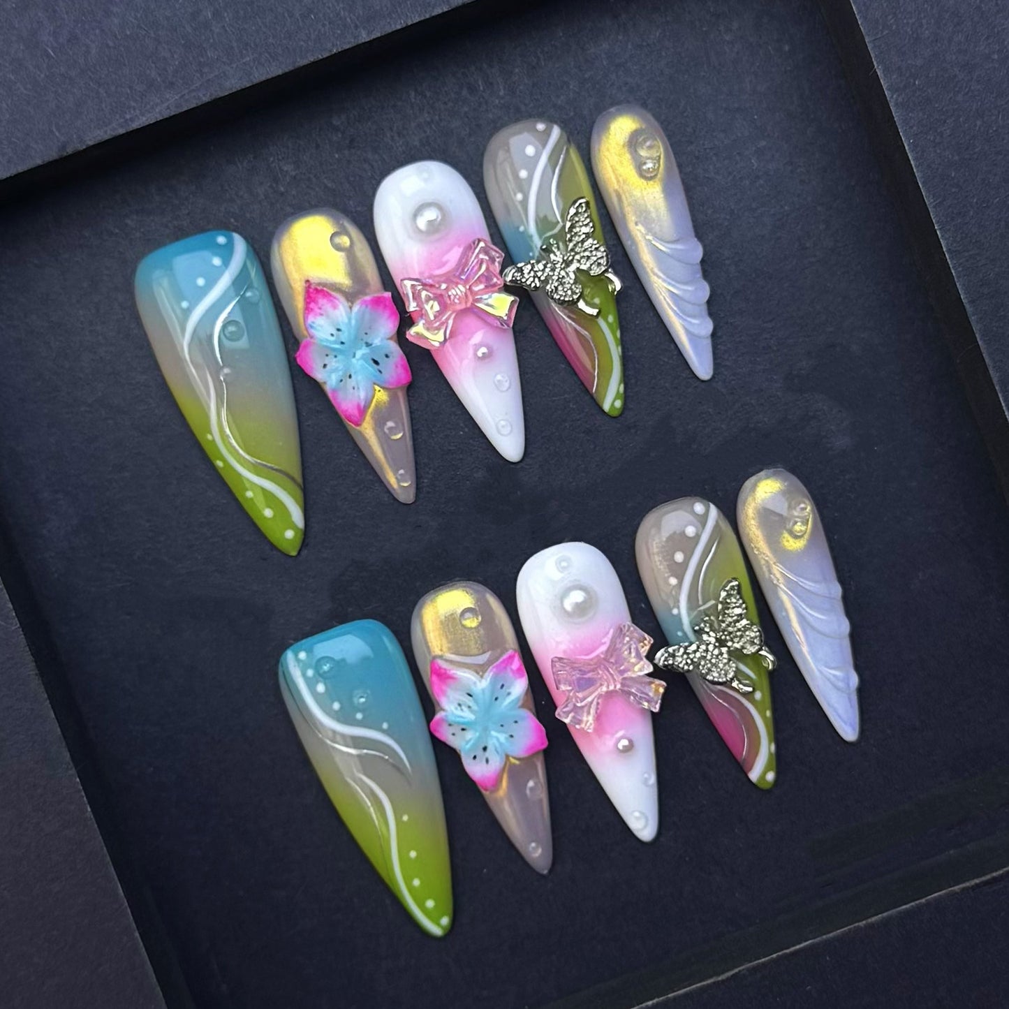 Fairy Butterfly Bow Press-On Nails | Aqua Green Ombre Floral Almond False Nails | Iridescent Luxury Manicure