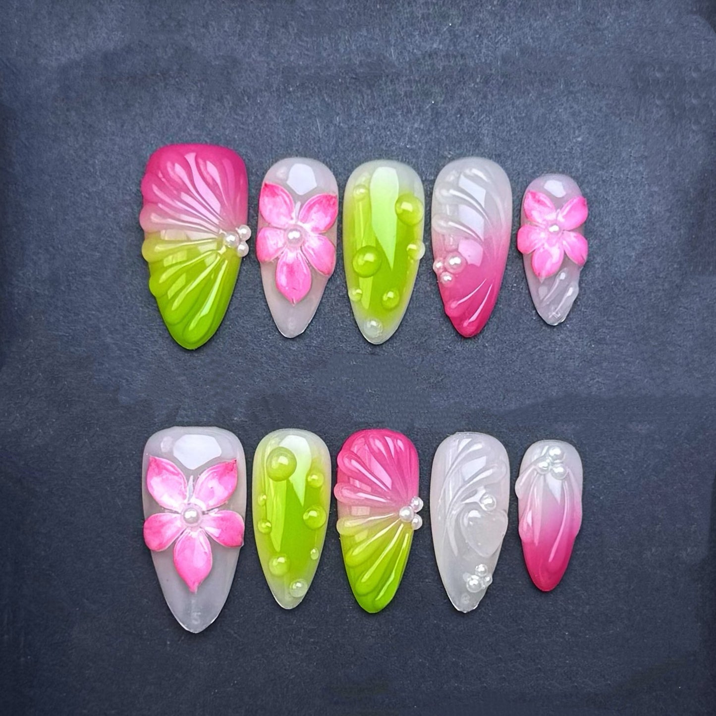 Pink Lime Blossom Press-On Nails | Pink & Green Ombre Almond False Nails | Pearl Floral Spring Manicure