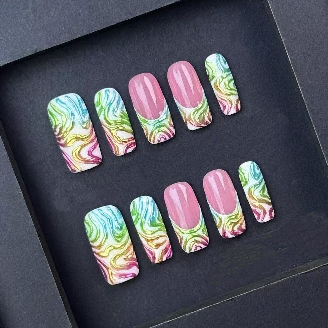 Pink & Brown Press On Nails – 3D Flowers with Gold Charms, Bows & Roses | Handmade Square Luxury Reusable Nail Set | Romantic Glam