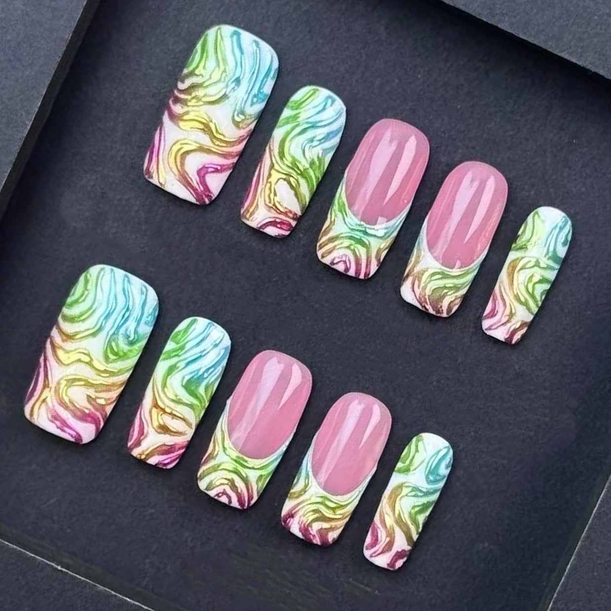 Pink & Brown Press On Nails – 3D Flowers with Gold Charms, Bows & Roses | Handmade Square Luxury Reusable Nail Set | Romantic Glam