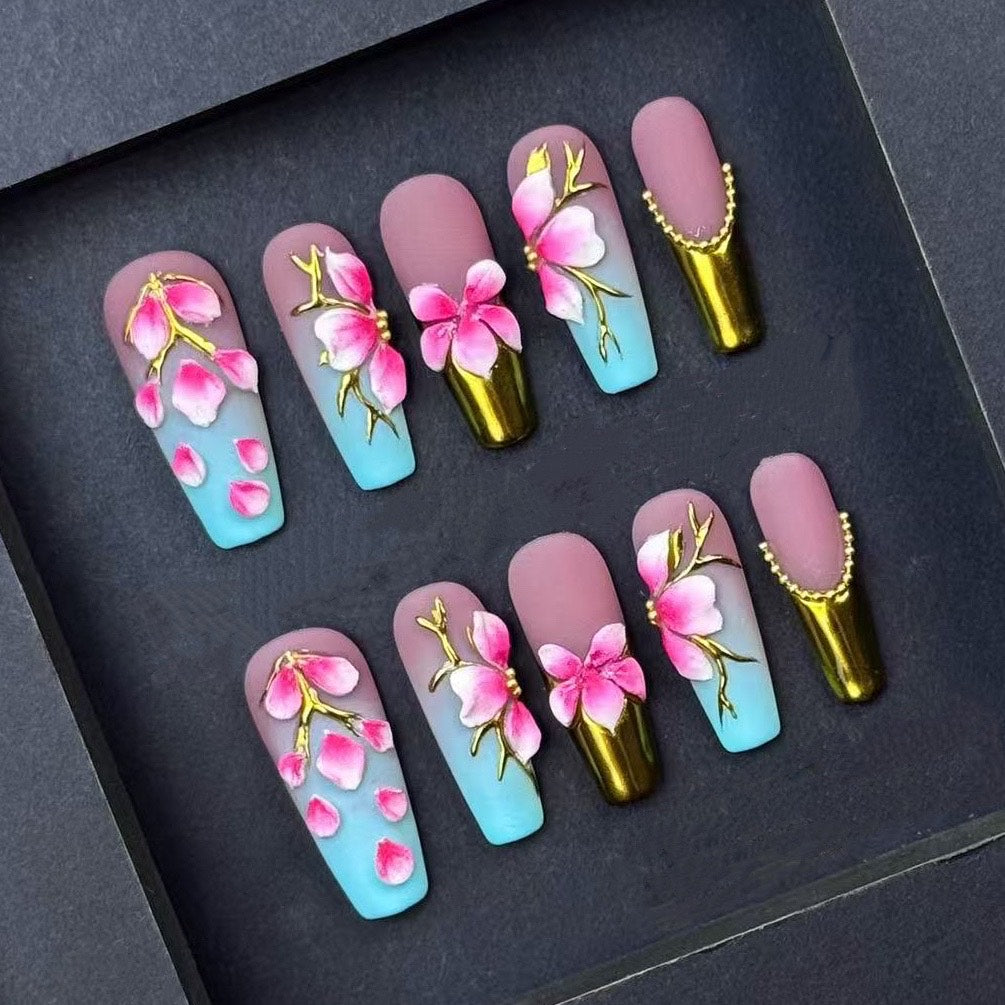Handmade Pink Cherry Blossom Press On Nails – Blue Ombre with Gold Accents | Floral 3D Spring Summer Coffin Nails | Luxury Reusable Set
