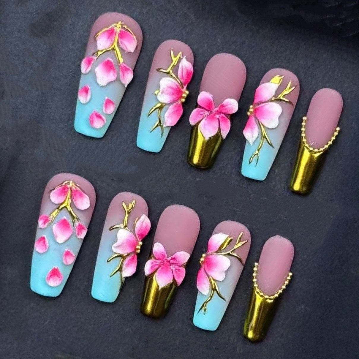 Handmade Pink Cherry Blossom Press On Nails – Blue Ombre with Gold Accents | Floral 3D Spring Summer Coffin Nails | Luxury Reusable Set