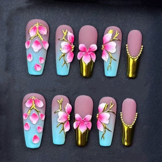 Handmade Pink Cherry Blossom Press On Nails – Blue Ombre with Gold Accents | Floral 3D Spring Summer Coffin Nails | Luxury Reusable Set