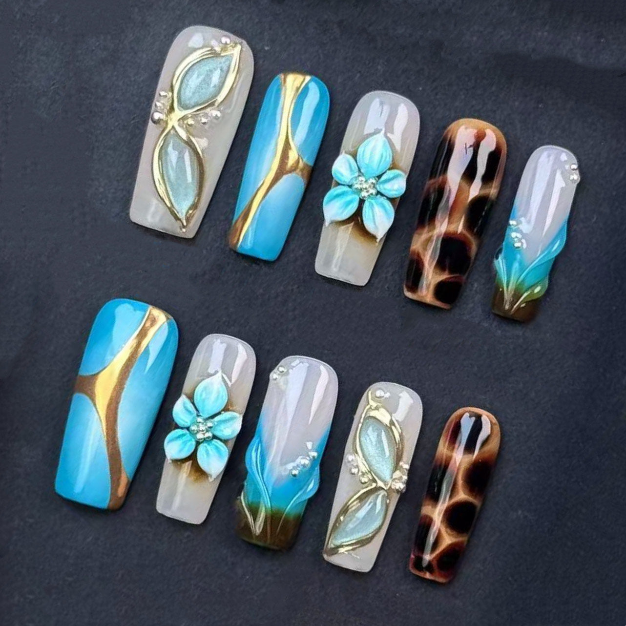 Blue & Gold Floral 3D Press On Nails – Handmade Long Square with Tortoise Shell & Ombre Tips, Luxury Matte Gloss Finish